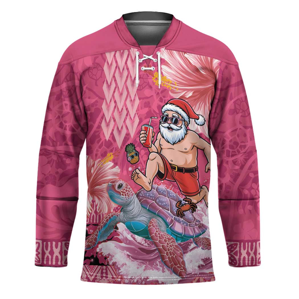 Hawaii Mele Kalikimaka Hockey Jersey Funny Santa with Tribal Tattoos Kakau Pink Color LT03 Unisex Pink - Polynesian Pride