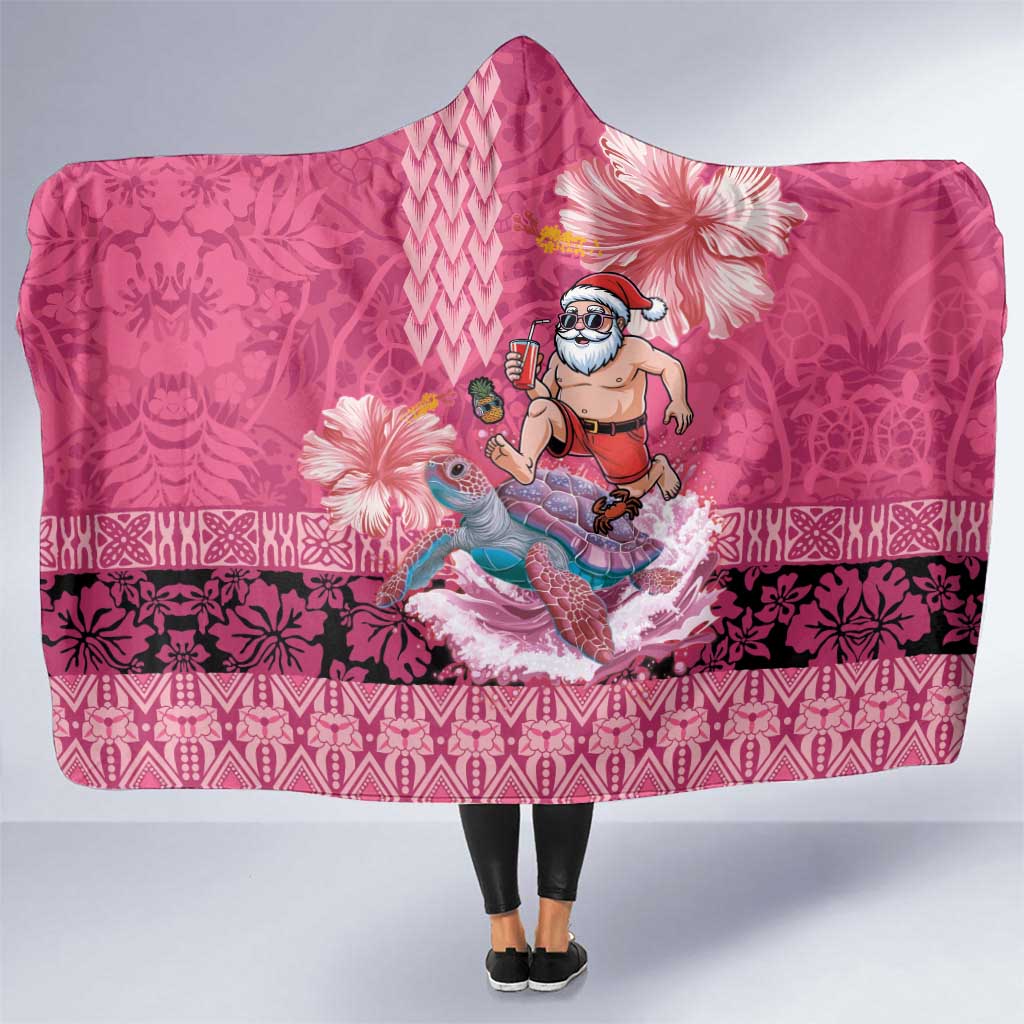 Hawaii Mele Kalikimaka Hooded Blanket Funny Santa with Tribal Tattoos Kakau Pink Color LT03 One Size Pink - Polynesian Pride