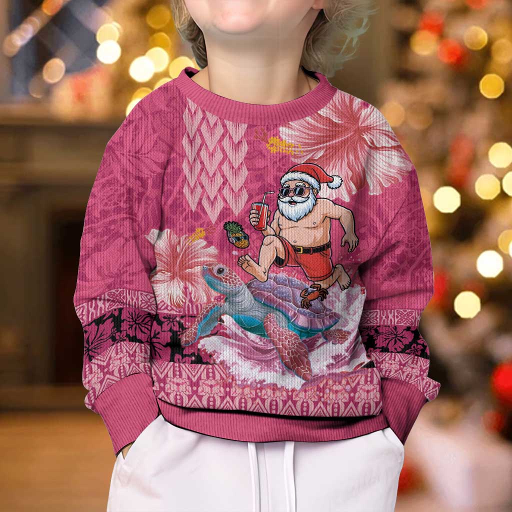 Hawaii Mele Kalikimaka Kid Ugly Christmas Sweater Funny Santa with Tribal Tattoos Kakau Pink Color LT03 - Polynesian Pride