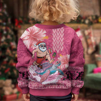 Hawaii Mele Kalikimaka Kid Ugly Christmas Sweater Funny Santa with Tribal Tattoos Kakau Pink Color LT03 - Polynesian Pride