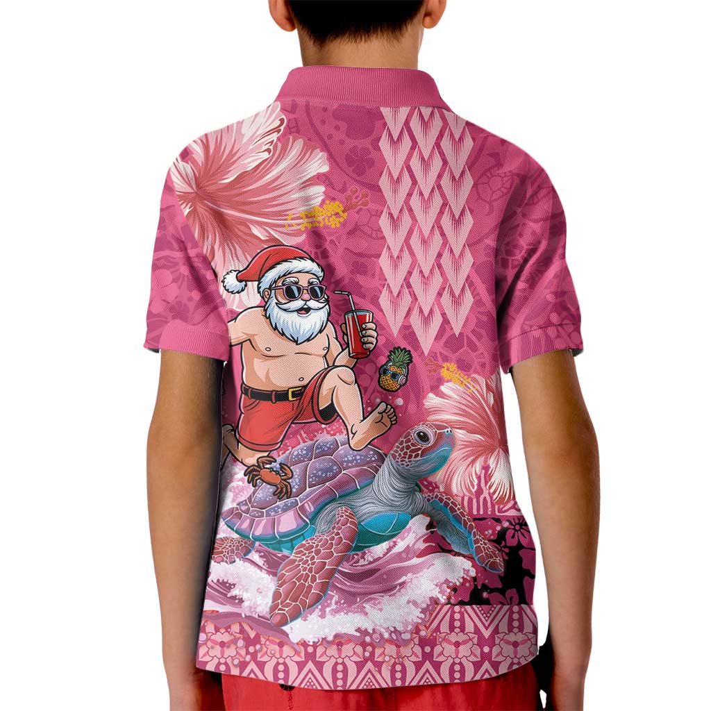 Hawaii Mele Kalikimaka Kid Polo Shirt Funny Santa with Tribal Tattoos Kakau Pink Color LT03 - Polynesian Pride