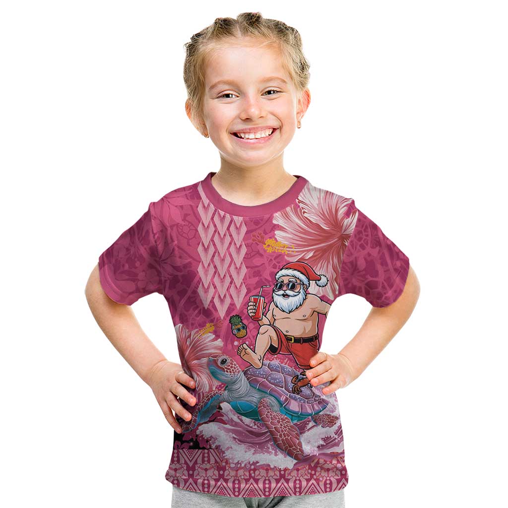 Hawaii Mele Kalikimaka Kid T Shirt Funny Santa with Tribal Tattoos Kakau Pink Color - Polynesian Pride
