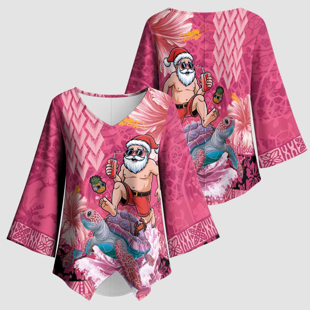 Hawaii Mele Kalikimaka Kimono Sleeve Blouse Funny Santa with Tribal Tattoos Kakau Pink Color LT03 - Polynesian Pride