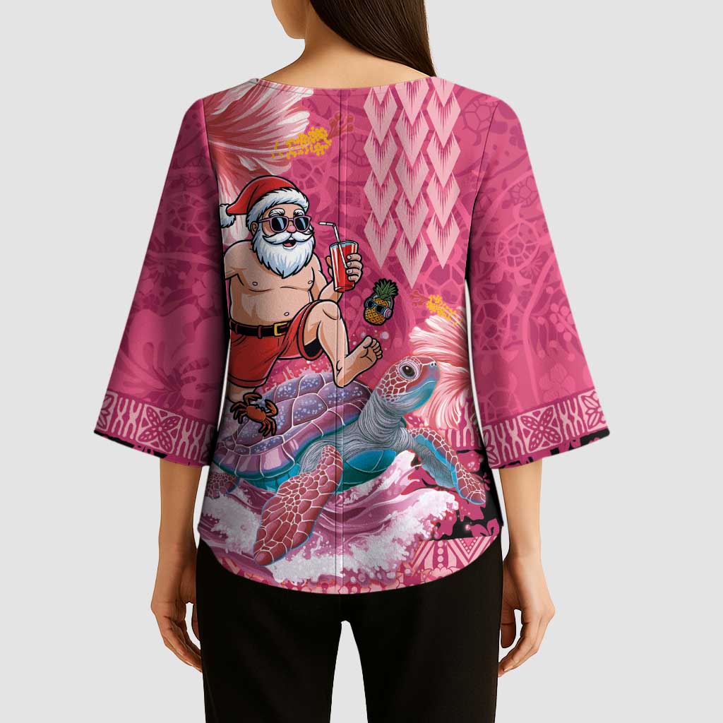 Hawaii Mele Kalikimaka Kimono Sleeve Blouse Funny Santa with Tribal Tattoos Kakau Pink Color LT03 - Polynesian Pride