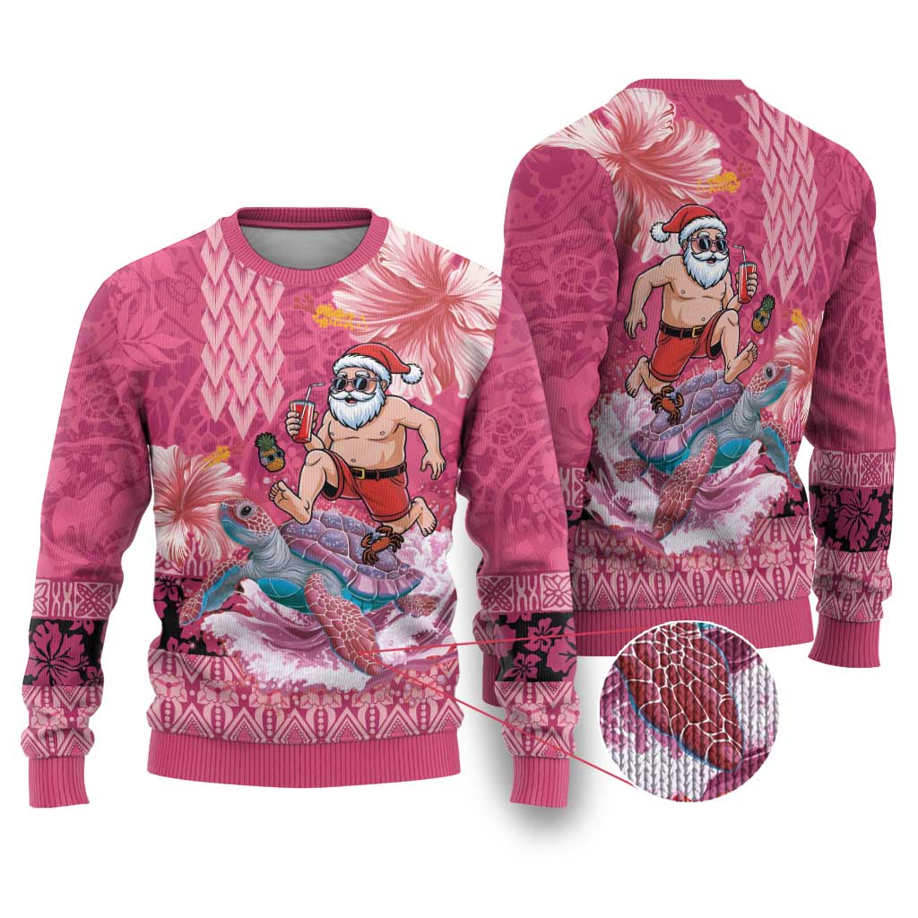 Hawaii Mele Kalikimaka Ugly Christmas Sweater Funny Santa with Tribal Tattoos Kakau Pink Color LT03 Pink - Polynesian Pride