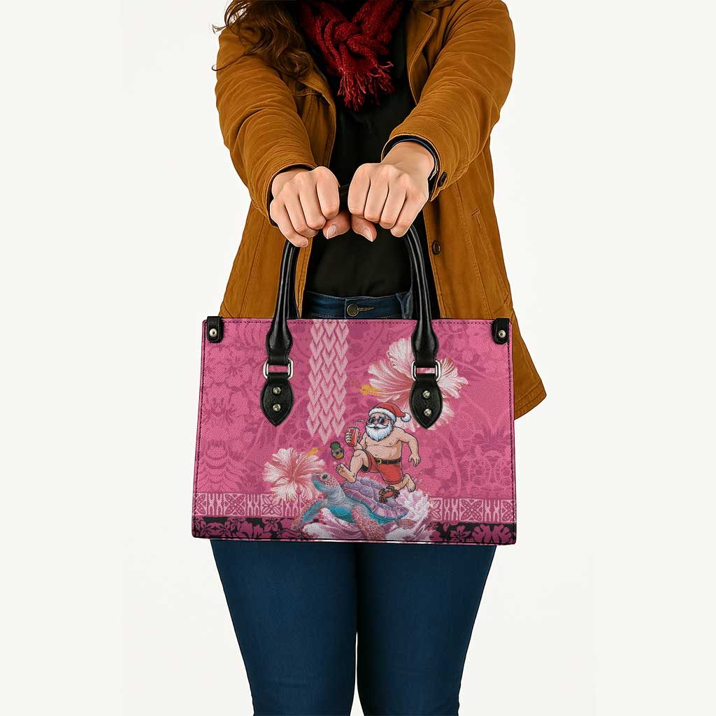 Hawaii Mele Kalikimaka Leather Bag Funny Santa with Tribal Tattoos Kakau Pink Color LT03 - Polynesian Pride