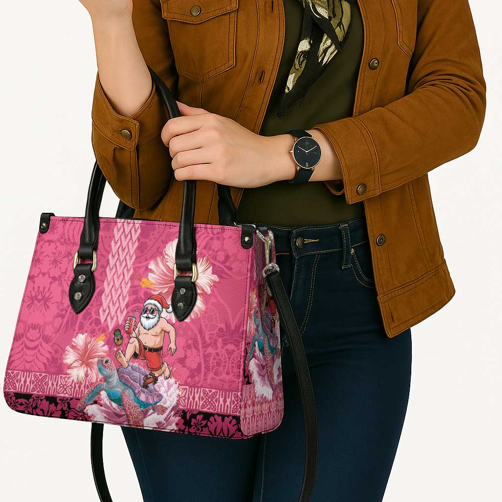 Hawaii Mele Kalikimaka Leather Bag Funny Santa with Tribal Tattoos Kakau Pink Color LT03 - Polynesian Pride