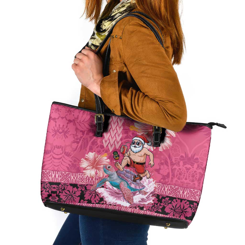 Hawaii Mele Kalikimaka Leather Tote Bag Funny Santa with Tribal Tattoos Kakau Pink Color - Polynesian Pride