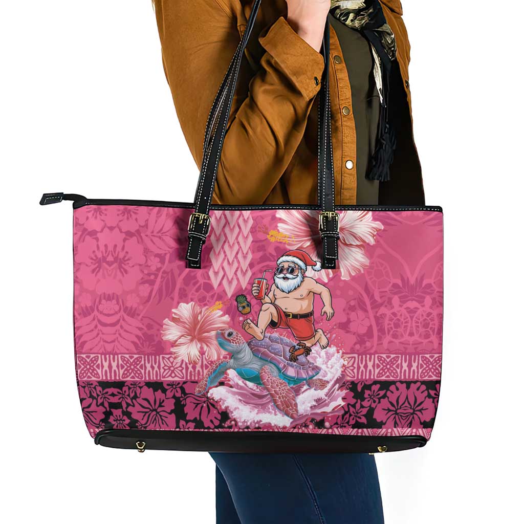 Hawaii Mele Kalikimaka Leather Tote Bag Funny Santa with Tribal Tattoos Kakau Pink Color LT03 - Polynesian Pride