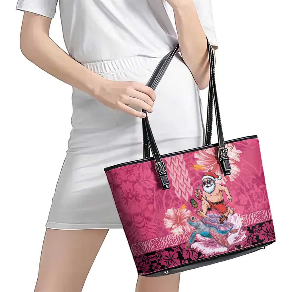 Hawaii Mele Kalikimaka Leather Tote Bag Funny Santa with Tribal Tattoos Kakau Pink Color LT03 - Polynesian Pride