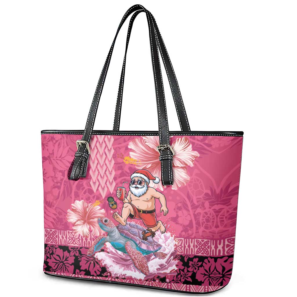 Hawaii Mele Kalikimaka Leather Tote Bag Funny Santa with Tribal Tattoos Kakau Pink Color LT03 - Polynesian Pride