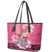 Hawaii Mele Kalikimaka Leather Tote Bag Funny Santa with Tribal Tattoos Kakau Pink Color LT03 - Polynesian Pride