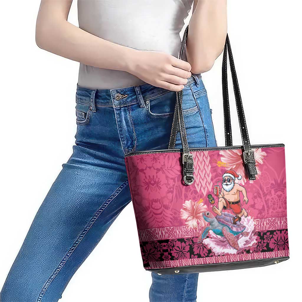 Hawaii Mele Kalikimaka Leather Tote Bag Funny Santa with Tribal Tattoos Kakau Pink Color LT03 - Polynesian Pride