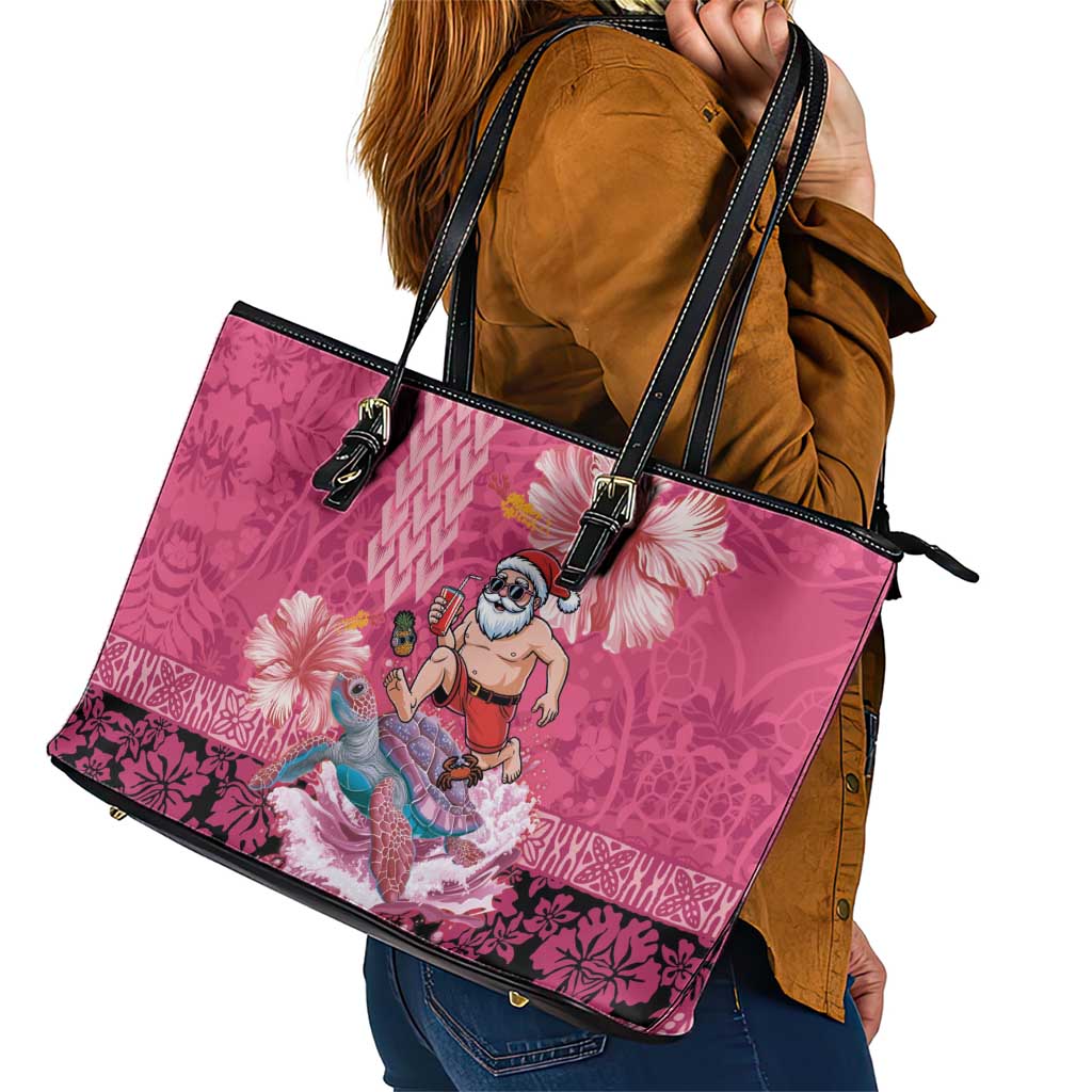 Hawaii Mele Kalikimaka Leather Tote Bag Funny Santa with Tribal Tattoos Kakau Pink Color LT03 - Polynesian Pride