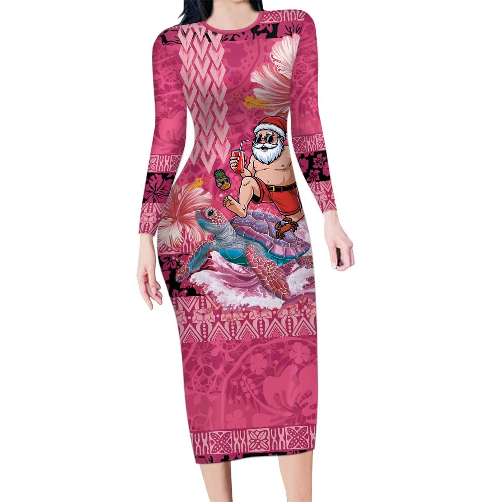Hawaii Mele Kalikimaka Long Sleeve Bodycon Dress Funny Santa with Tribal Tattoos Kakau Pink Color LT03 Long Dress Pink - Polynesian Pride