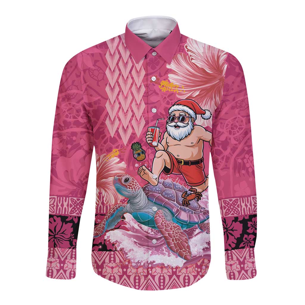 Hawaii Mele Kalikimaka Long Sleeve Button Shirt Funny Santa with Tribal Tattoos Kakau Pink Color LT03 Unisex Pink - Polynesian Pride
