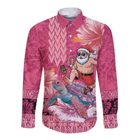 Hawaii Mele Kalikimaka Long Sleeve Button Shirt Funny Santa with Tribal Tattoos Kakau Pink Color LT03 Unisex Pink - Polynesian Pride