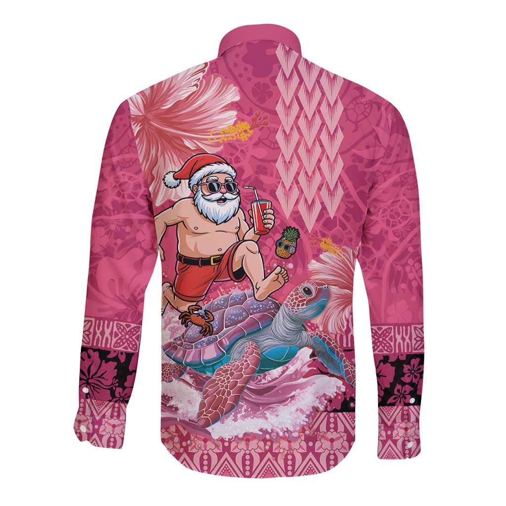 Hawaii Mele Kalikimaka Long Sleeve Button Shirt Funny Santa with Tribal Tattoos Kakau Pink Color LT03 - Polynesian Pride
