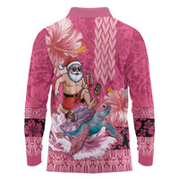 Hawaii Mele Kalikimaka Long Sleeve Polo Shirt Funny Santa with Tribal Tattoos Kakau Pink Color LT03 - Polynesian Pride