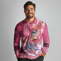 Hawaii Mele Kalikimaka Long Sleeve Polo Shirt Funny Santa with Tribal Tattoos Kakau Pink Color LT03 - Polynesian Pride