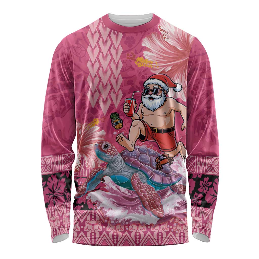 Hawaii Mele Kalikimaka Long Sleeve Shirt Funny Santa with Tribal Tattoos Kakau Pink Color LT03 Unisex Pink - Polynesian Pride