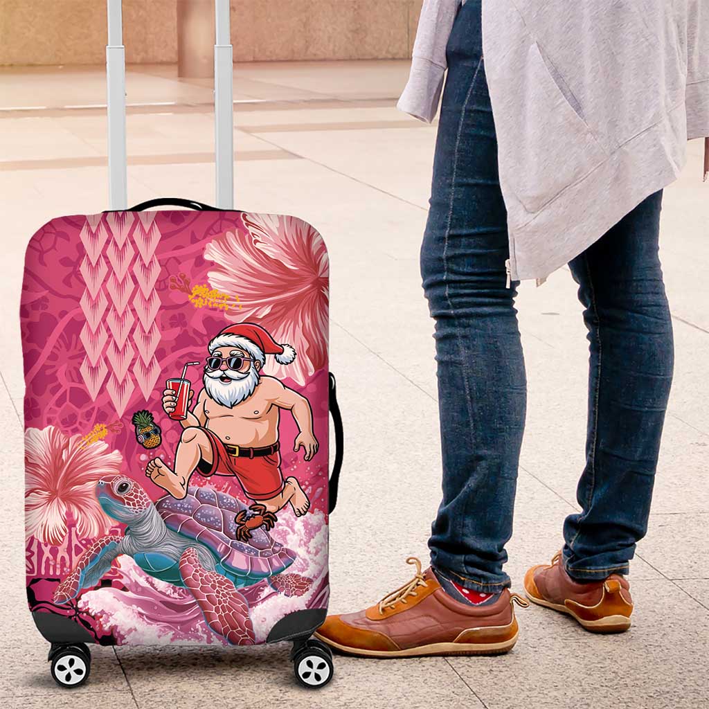 Hawaii Mele Kalikimaka Luggage Cover Funny Santa with Tribal Tattoos Kakau Pink Color - Polynesian Pride
