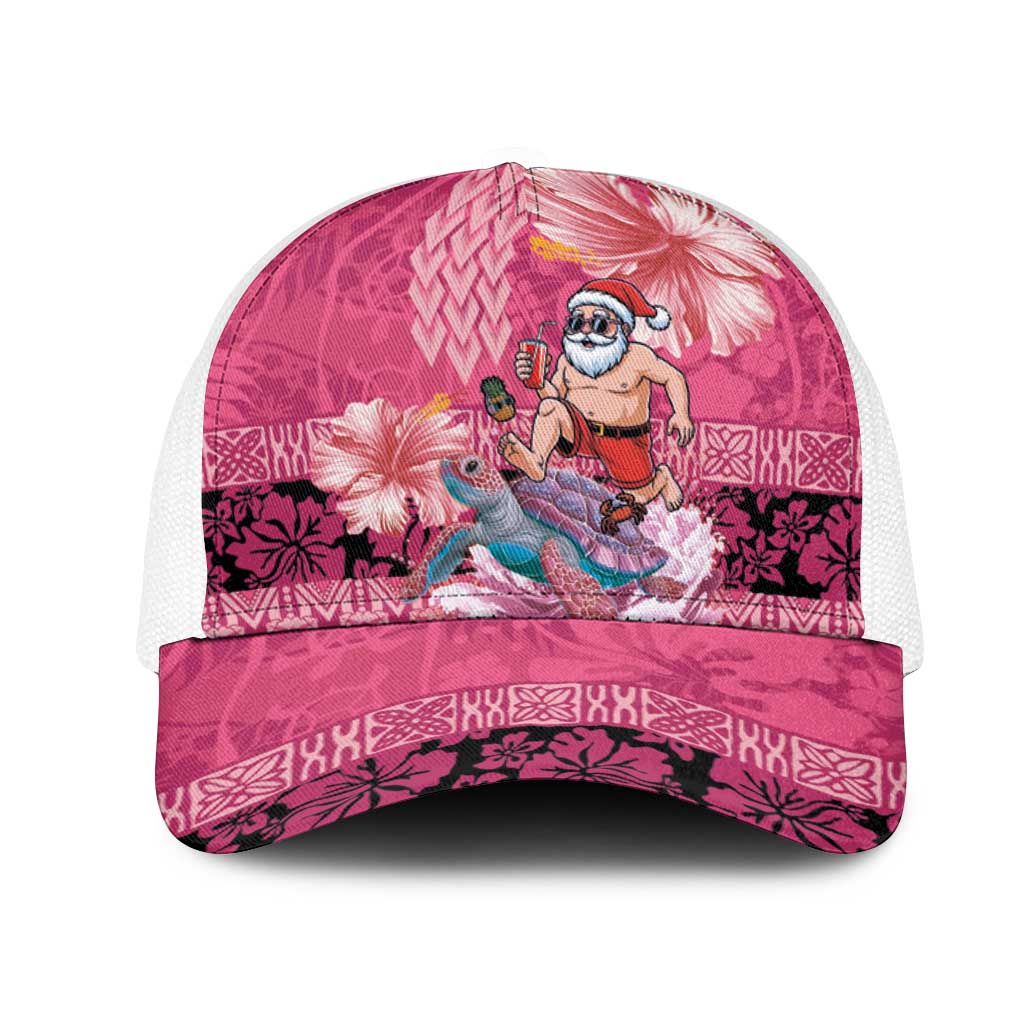 Hawaii Mele Kalikimaka Mesh Trucker Cap Funny Santa with Tribal Tattoos Kakau Pink Color LT03 One Size White Pink - Polynesian Pride