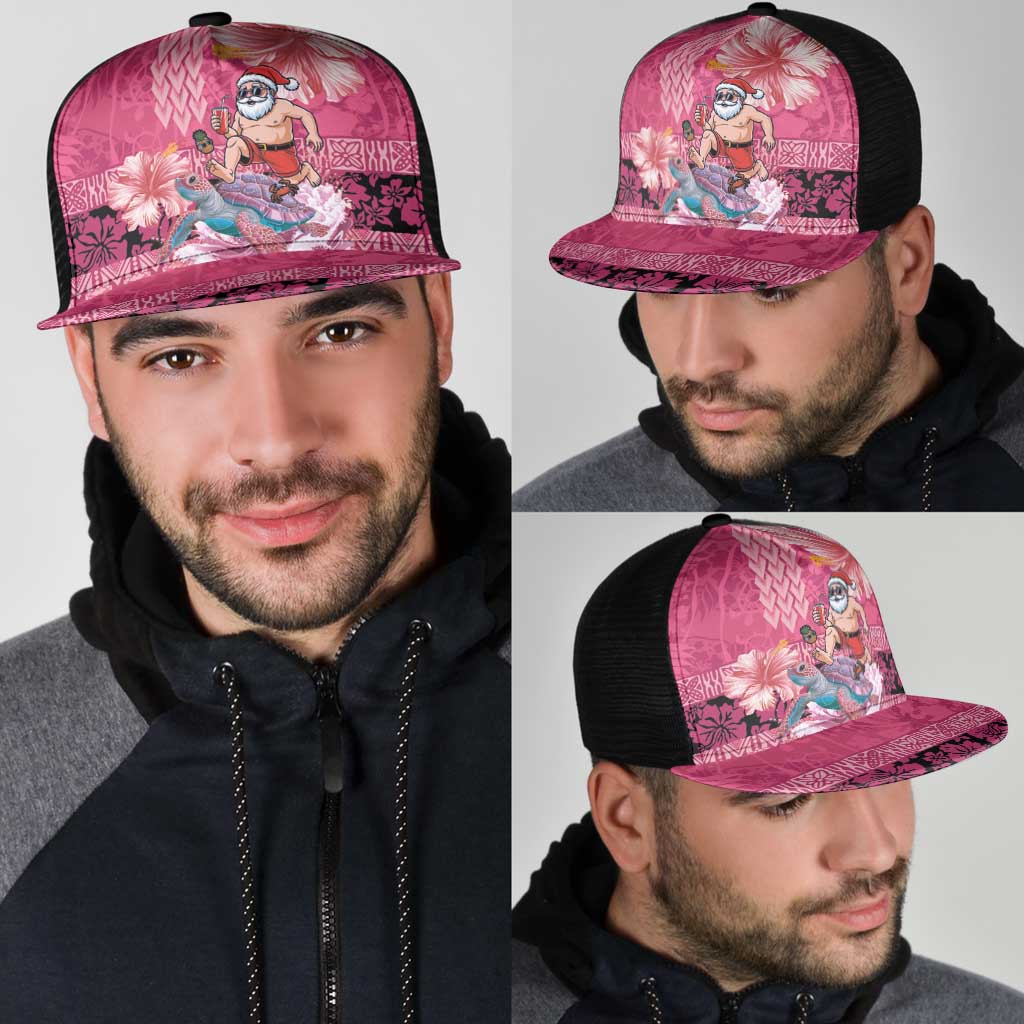 Hawaii Mele Kalikimaka Mesh Trucker Cap Funny Santa with Tribal Tattoos Kakau Pink Color LT03 - Polynesian Pride