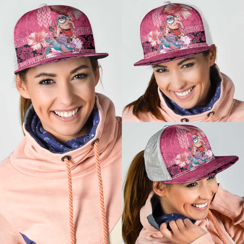 Hawaii Mele Kalikimaka Mesh Trucker Cap Funny Santa with Tribal Tattoos Kakau Pink Color LT03 - Polynesian Pride