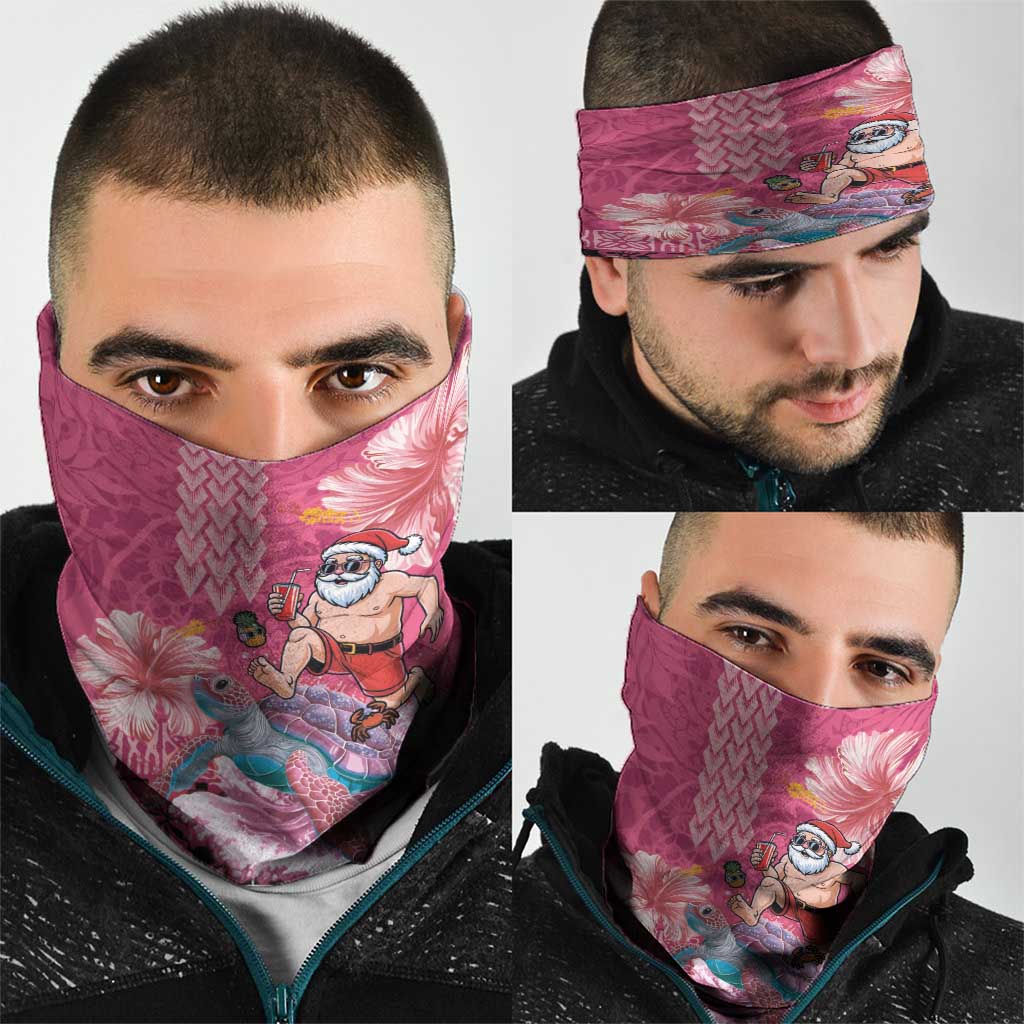 Hawaii Mele Kalikimaka Neck Gaiter Funny Santa with Tribal Tattoos Kakau Pink Color LT03 - Polynesian Pride