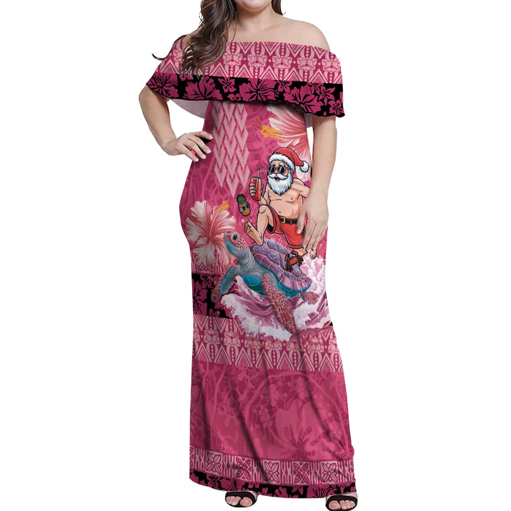 Hawaii Mele Kalikimaka Off Shoulder Maxi Dress Funny Santa with Tribal Tattoos Kakau Pink Color LT03 Women Pink - Polynesian Pride