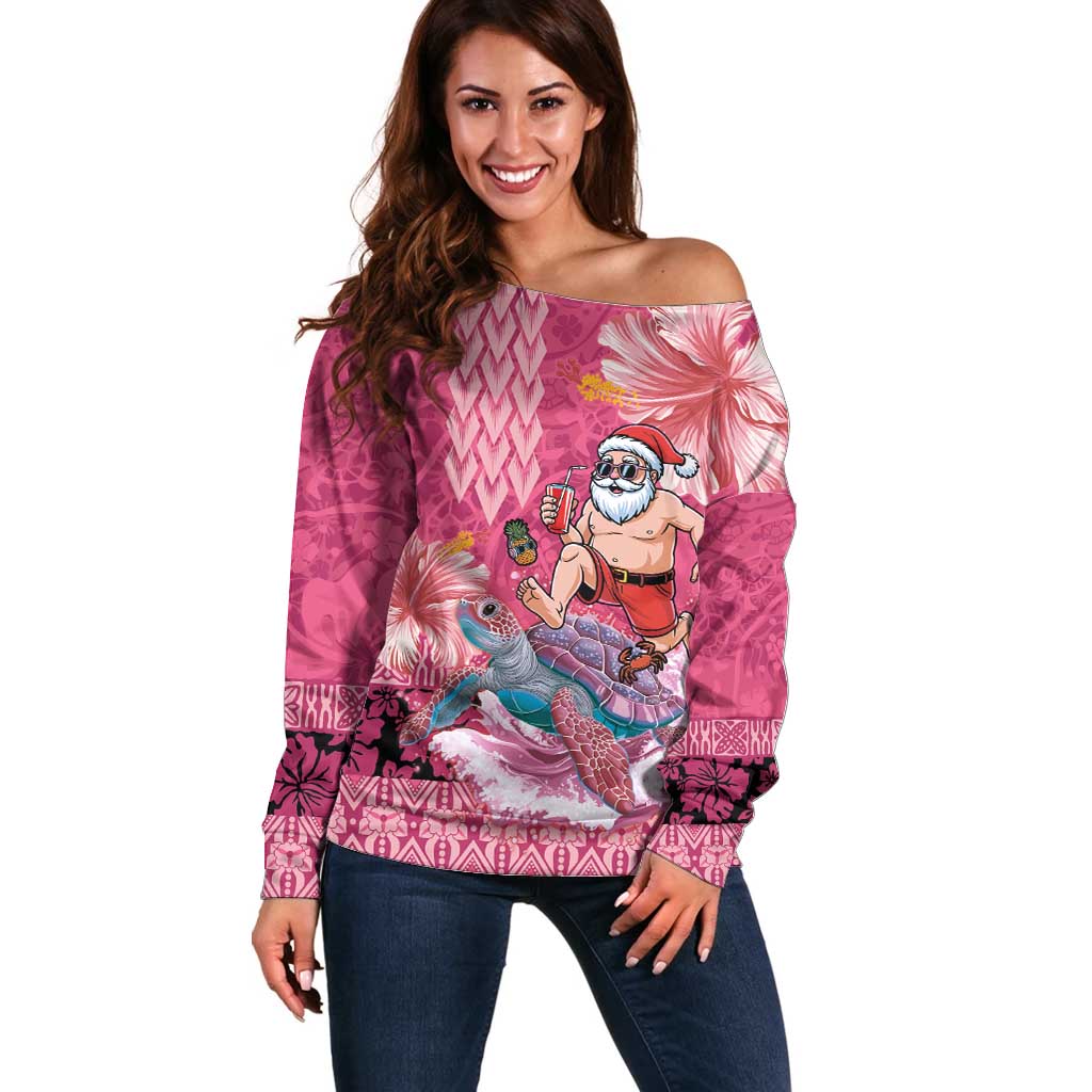 Hawaii Mele Kalikimaka Off Shoulder Sweater Funny Santa with Tribal Tattoos Kakau Pink Color LT03 Women Pink - Polynesian Pride