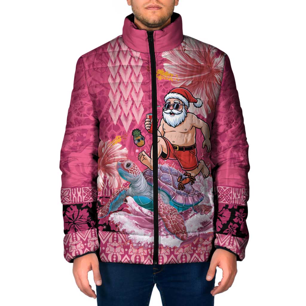 Hawaii Mele Kalikimaka Padded Jacket Funny Santa with Tribal Tattoos Kakau Pink Color LT03 Men Pink - Polynesian Pride