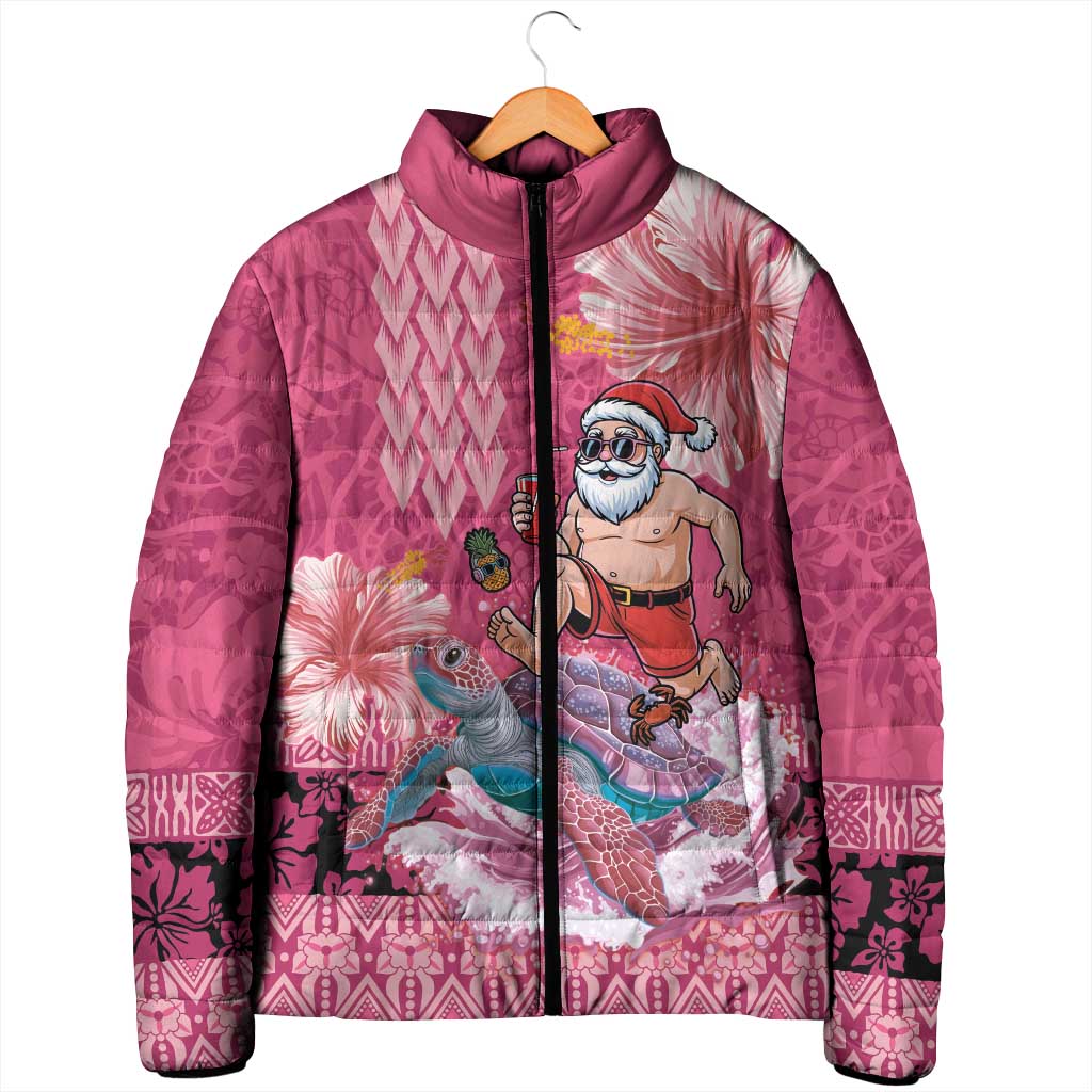 Hawaii Mele Kalikimaka Padded Jacket Funny Santa with Tribal Tattoos Kakau Pink Color LT03 - Polynesian Pride