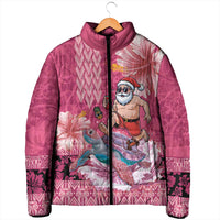 Hawaii Mele Kalikimaka Padded Jacket Funny Santa with Tribal Tattoos Kakau Pink Color LT03 - Polynesian Pride