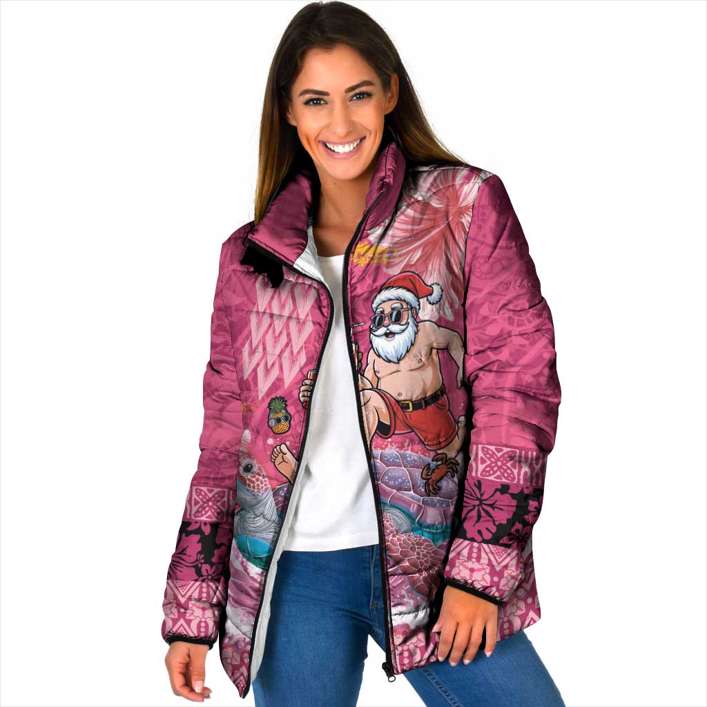 Hawaii Mele Kalikimaka Padded Jacket Funny Santa with Tribal Tattoos Kakau Pink Color LT03 Women Pink - Polynesian Pride