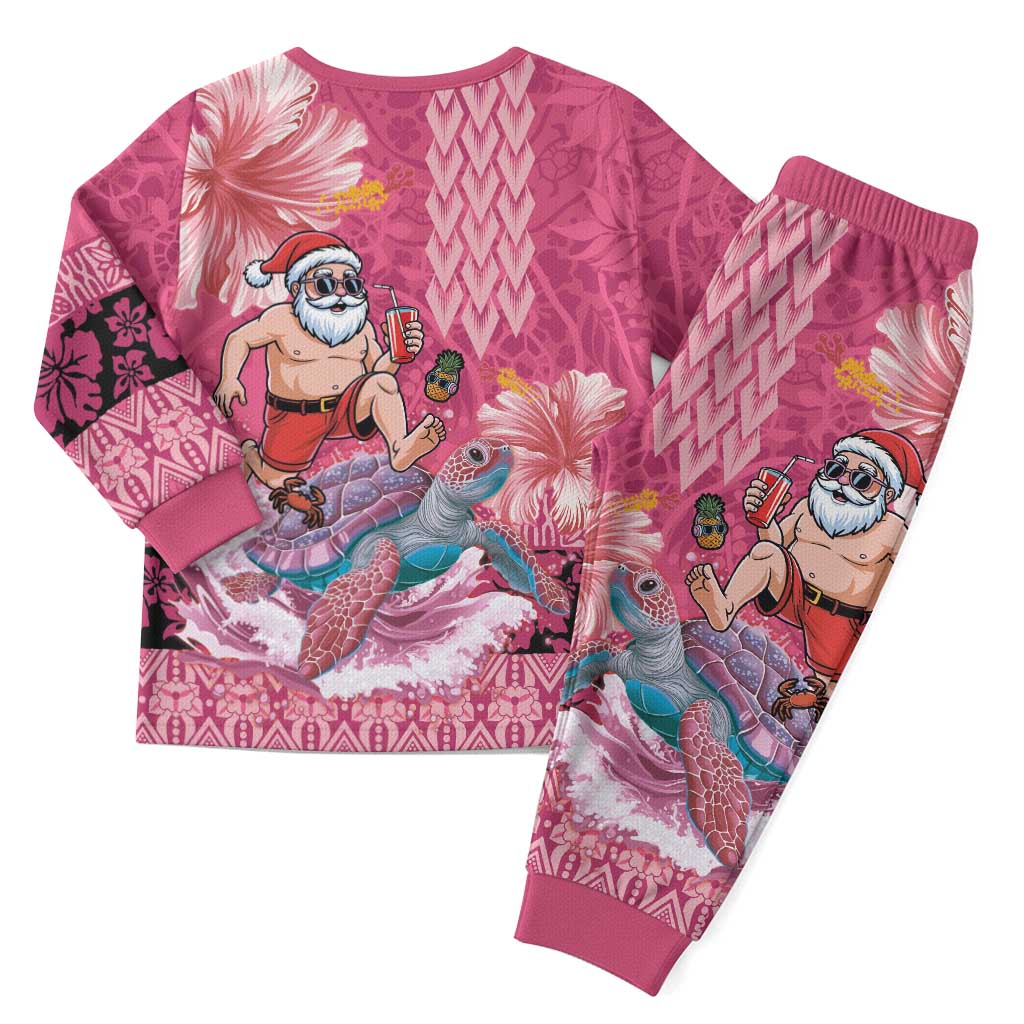 Hawaii Mele Kalikimaka Christmas Pajama Set Funny Santa with Tribal Tattoos Kakau Pink Color LT03 - Polynesian Pride