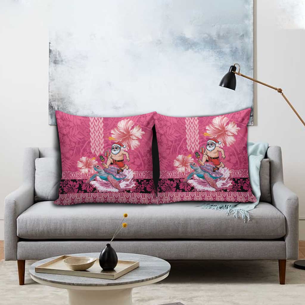 Hawaii Mele Kalikimaka Pillow Cover Funny Santa with Tribal Tattoos Kakau Pink Color LT03 - Polynesian Pride