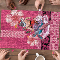 Hawaii Mele Kalikimaka Puzzle Funny Santa with Tribal Tattoos Kakau Pink Color LT03 - Polynesian Pride