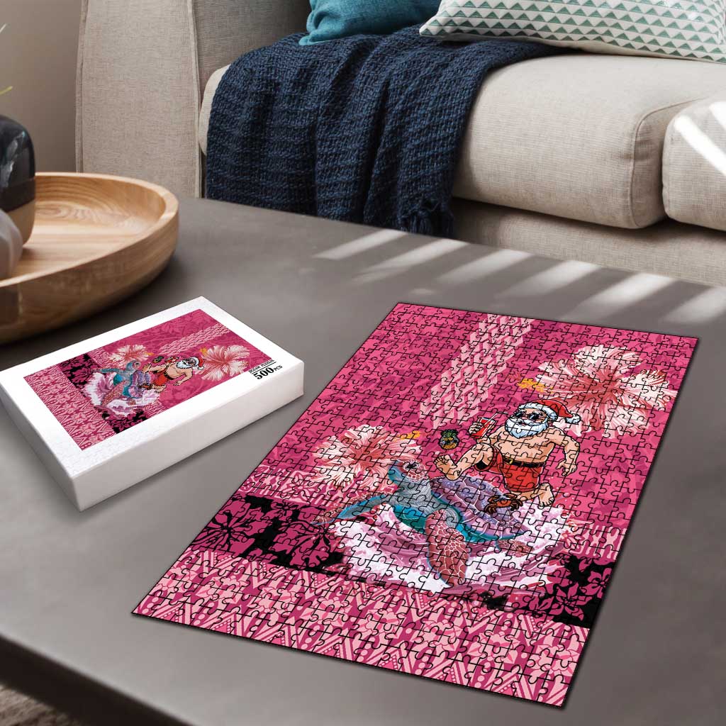 Hawaii Mele Kalikimaka Puzzle Funny Santa with Tribal Tattoos Kakau Pink Color LT03 - Polynesian Pride