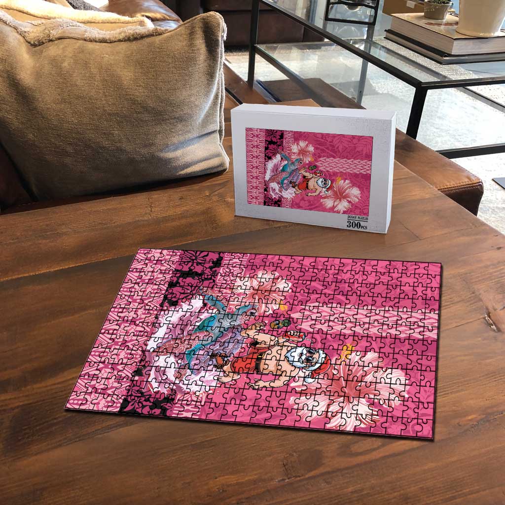 Hawaii Mele Kalikimaka Puzzle Funny Santa with Tribal Tattoos Kakau Pink Color LT03 - Polynesian Pride
