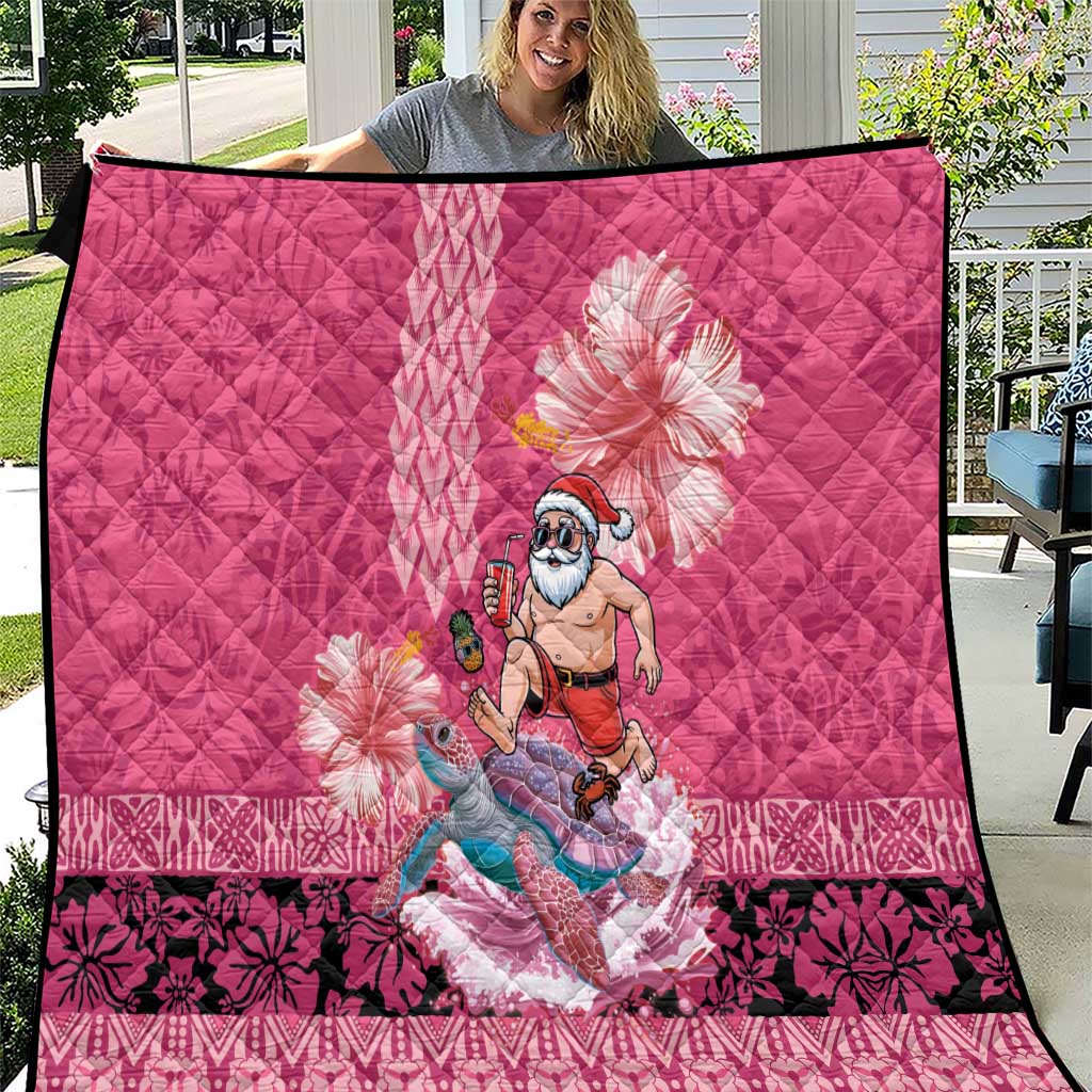 Hawaii Mele Kalikimaka Quilt Funny Santa with Tribal Tattoos Kakau Pink Color LT03 Pink - Polynesian Pride