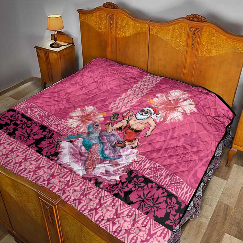 Hawaii Mele Kalikimaka Quilt Funny Santa with Tribal Tattoos Kakau Pink Color LT03 - Polynesian Pride
