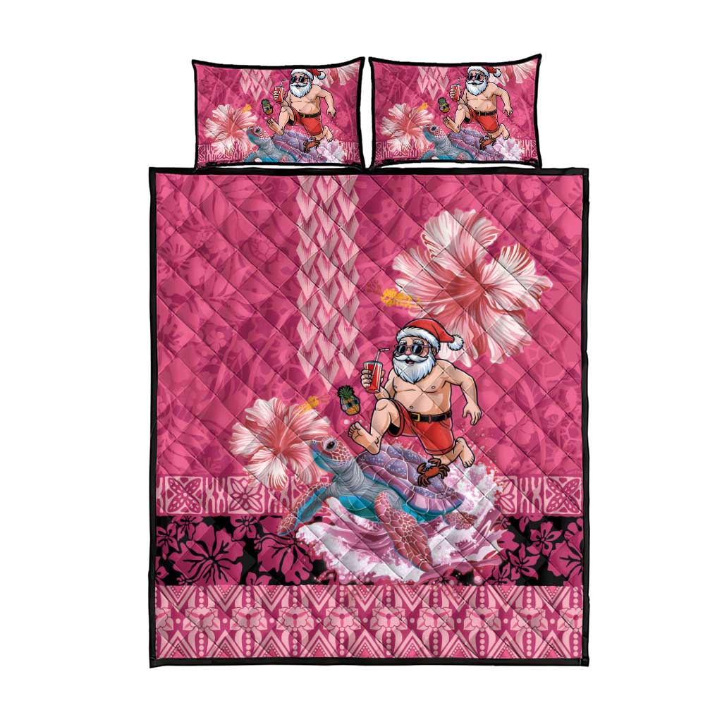 Hawaii Mele Kalikimaka Quilt Bed Set Funny Santa with Tribal Tattoos Kakau Pink Color LT03 - Polynesian Pride