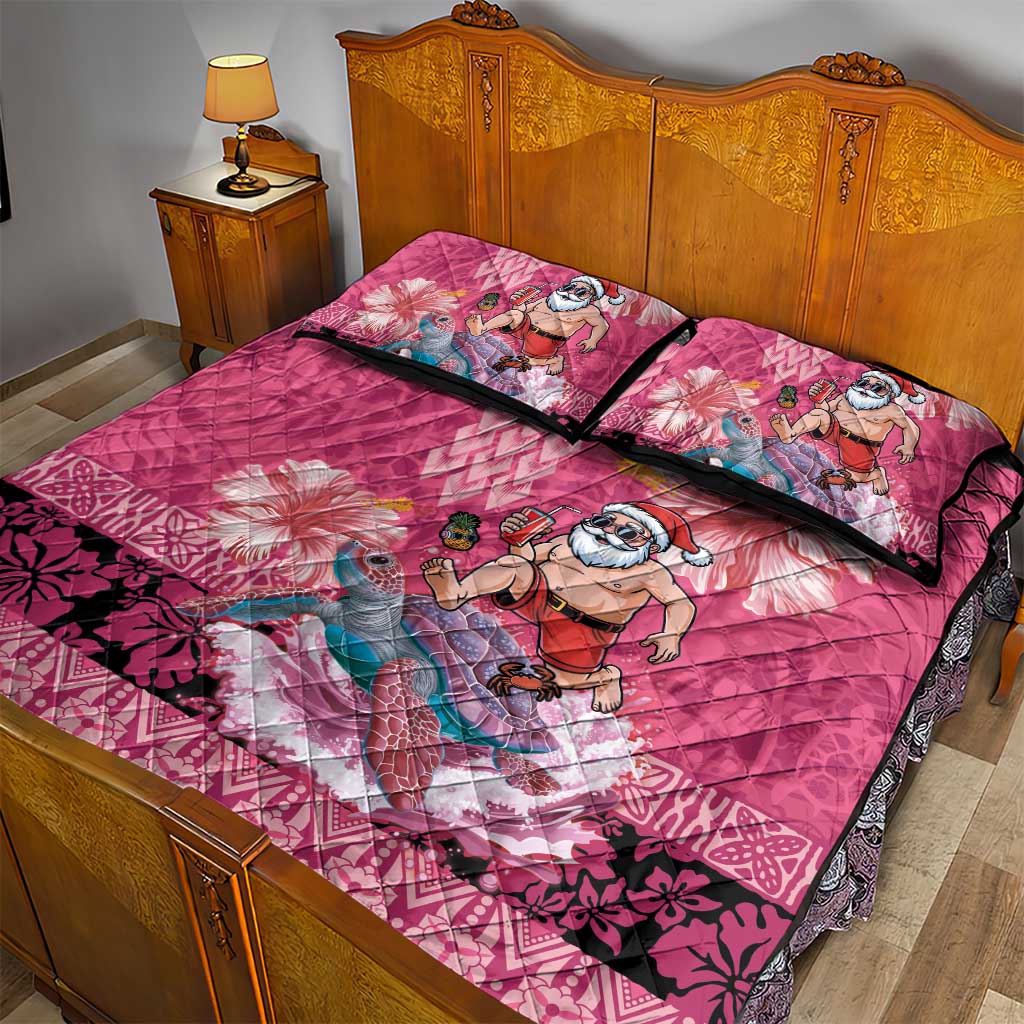Hawaii Mele Kalikimaka Quilt Bed Set Funny Santa with Tribal Tattoos Kakau Pink Color LT03 - Polynesian Pride