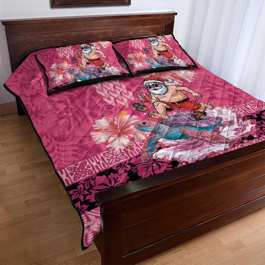Hawaii Mele Kalikimaka Quilt Bed Set Funny Santa with Tribal Tattoos Kakau Pink Color LT03 - Polynesian Pride