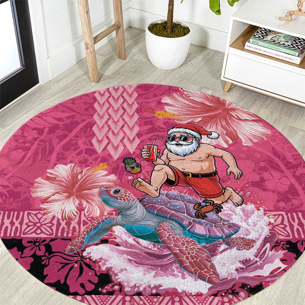Hawaii Mele Kalikimaka Round Carpet Funny Santa with Tribal Tattoos Kakau Pink Color LT03 Pink - Polynesian Pride