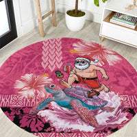 Hawaii Mele Kalikimaka Round Carpet Funny Santa with Tribal Tattoos Kakau Pink Color LT03 Pink - Polynesian Pride