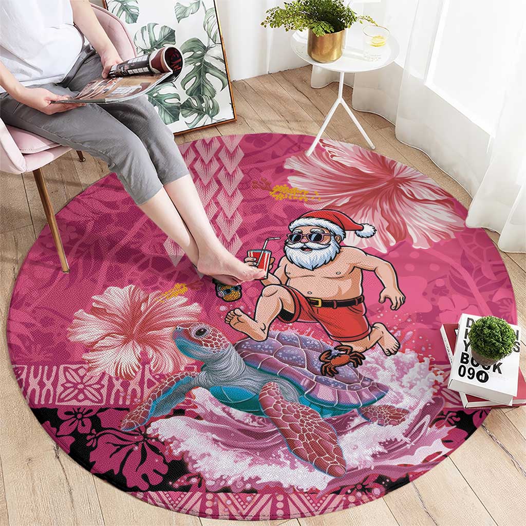 Hawaii Mele Kalikimaka Round Carpet Funny Santa with Tribal Tattoos Kakau Pink Color LT03 - Polynesian Pride