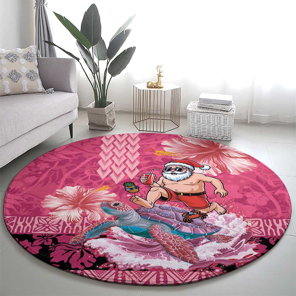 Hawaii Mele Kalikimaka Round Carpet Funny Santa with Tribal Tattoos Kakau Pink Color LT03 - Polynesian Pride